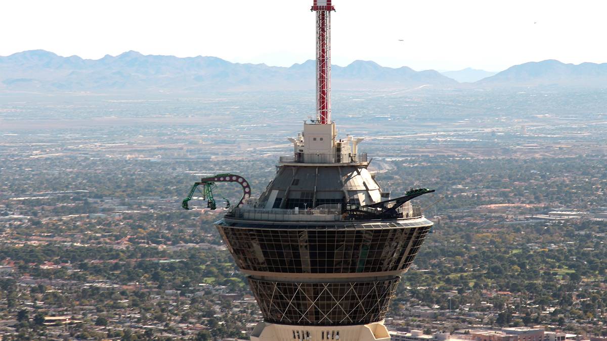 aerial close up view of the SkyPod at The STRAT Hotel in las vegas nevada